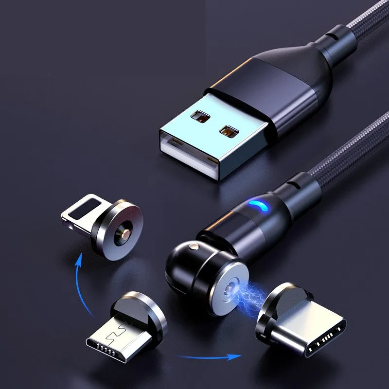 (1m) 3in1 Magnetic 540 Degree Rotatable USB A to USB C / Micro USB / Lightning Charging Cable Nylon Braided Data Cable - Black
