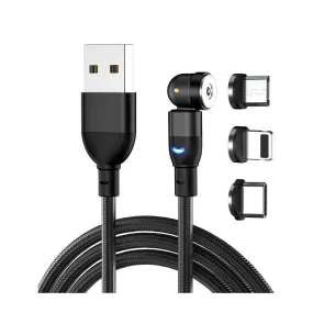 (1m) 3in1 Magnetic 540 Degree Rotatable USB A to USB C / Micro USB / Lightning Charging Cable Nylon Braided Data Cable - Black