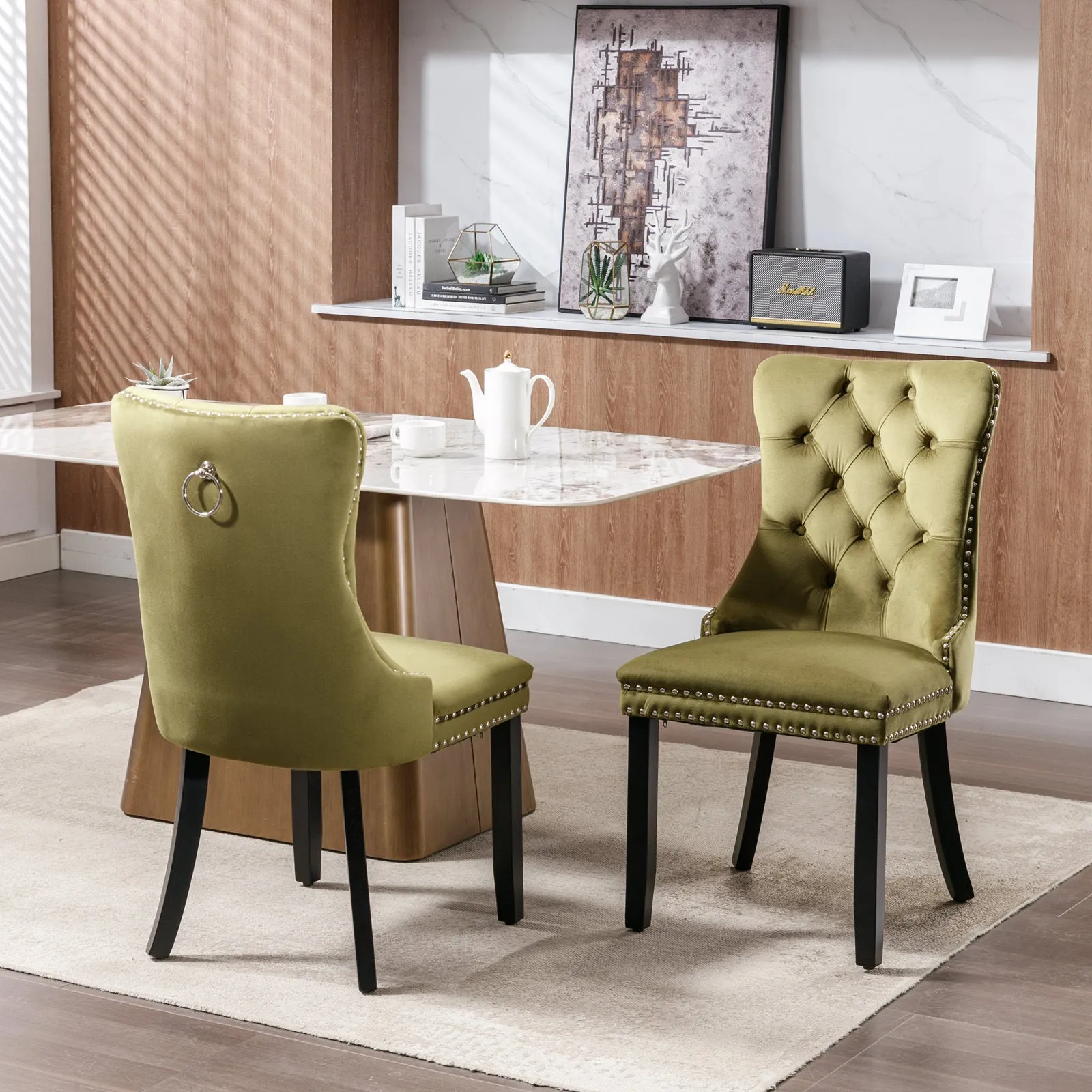 2-Pack Olive-Green Velvet Dining Chairs with Wood Legs & Nailhead Trim