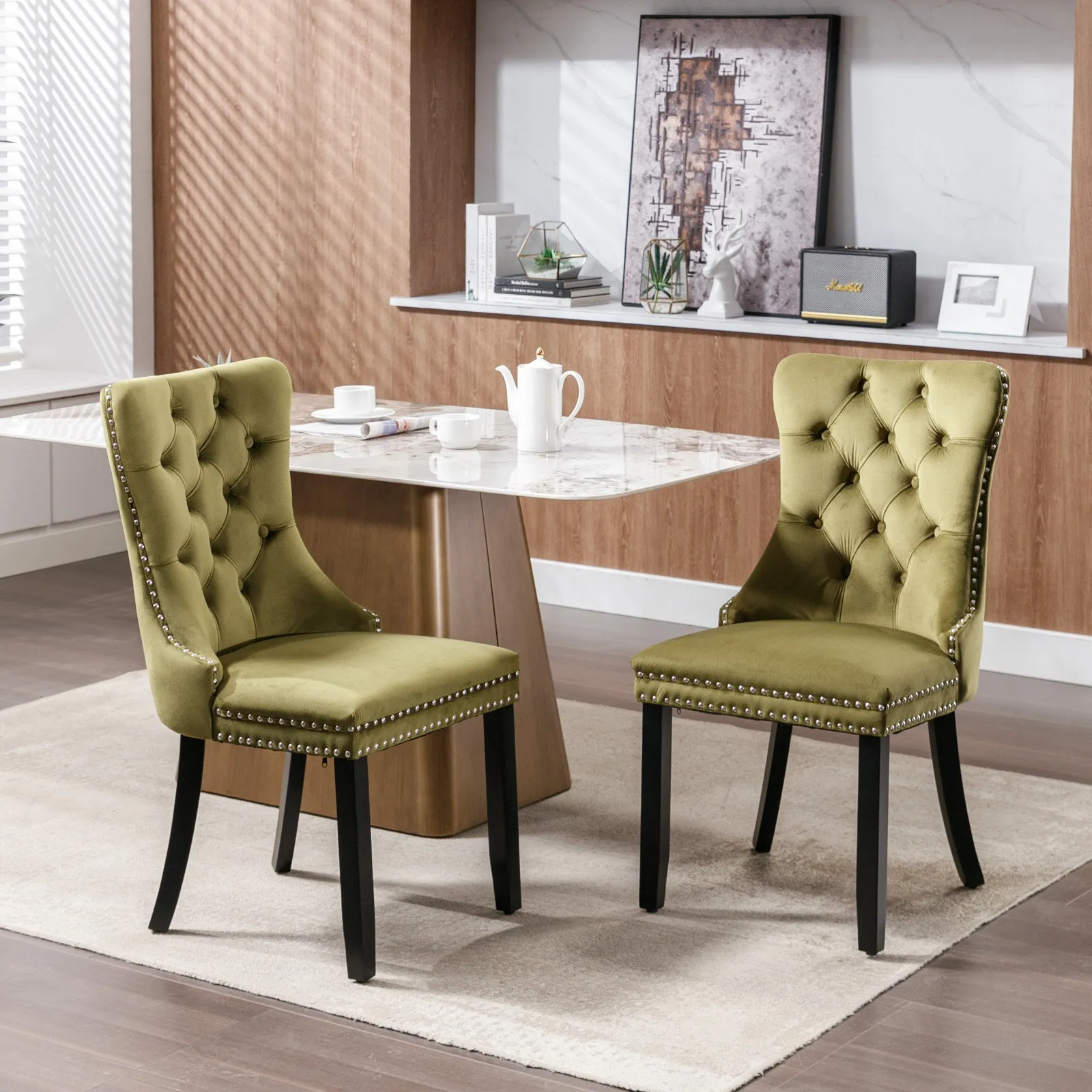 2-Pack Olive-Green Velvet Dining Chairs with Wood Legs & Nailhead Trim