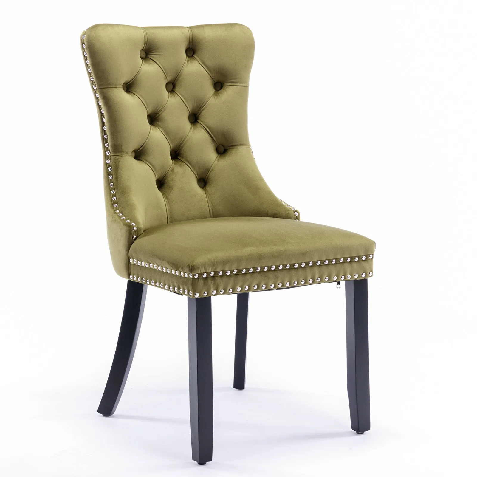 2-Pack Olive-Green Velvet Dining Chairs with Wood Legs & Nailhead Trim