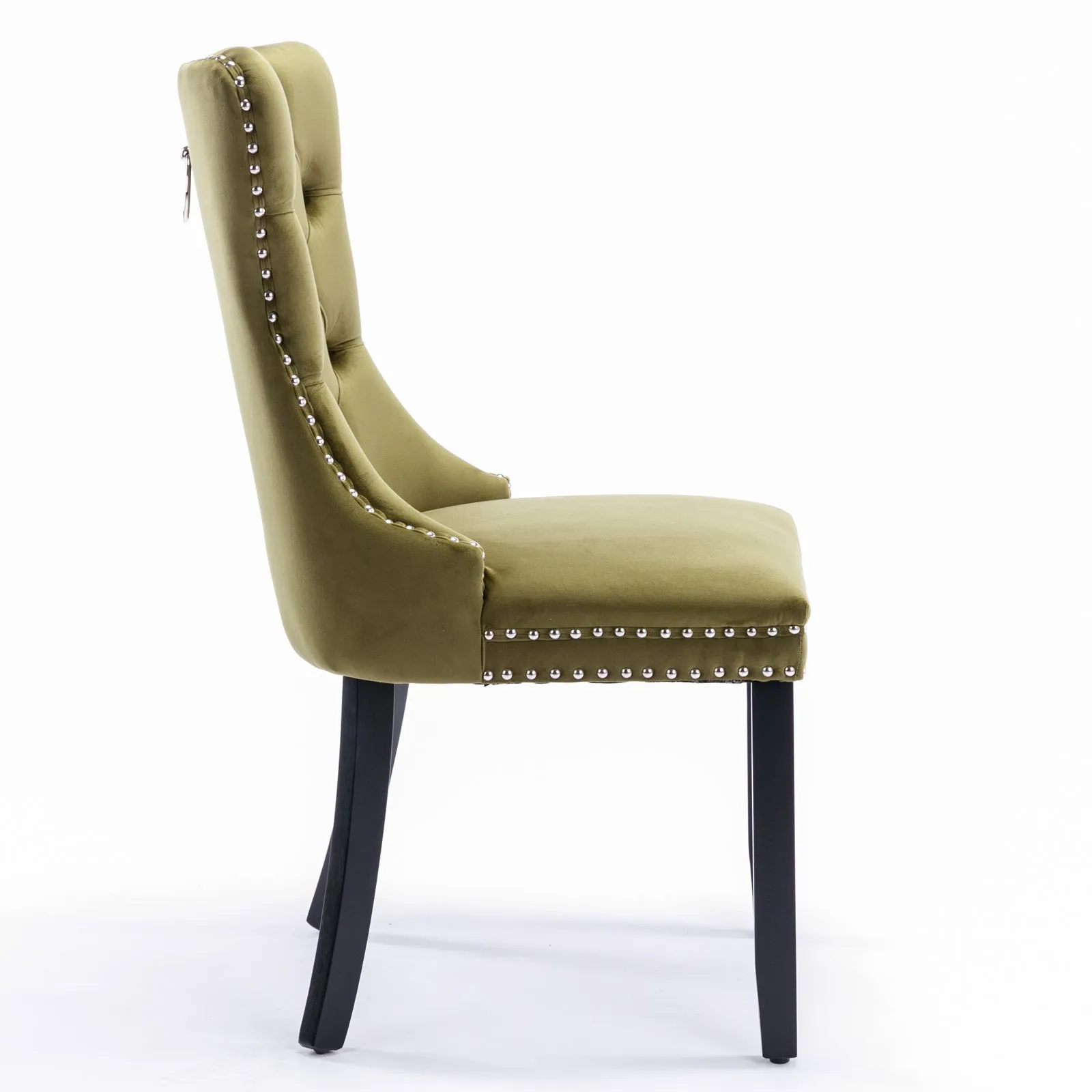 2-Pack Olive-Green Velvet Dining Chairs with Wood Legs & Nailhead Trim