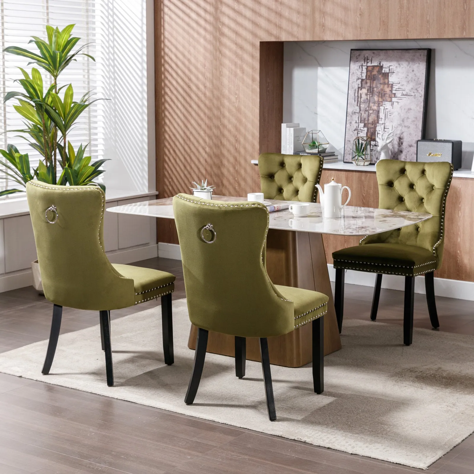 2-Pack Olive-Green Velvet Dining Chairs with Wood Legs & Nailhead Trim