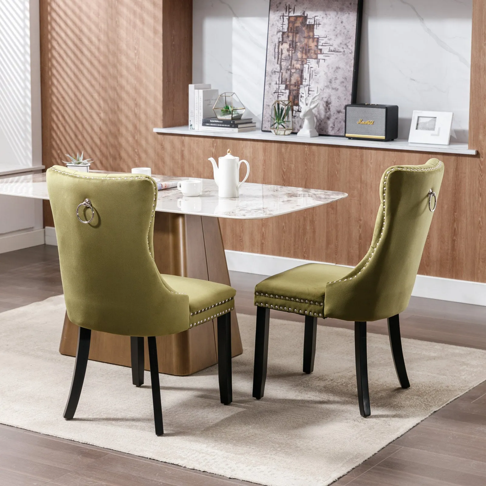 2-Pack Olive-Green Velvet Dining Chairs with Wood Legs & Nailhead Trim
