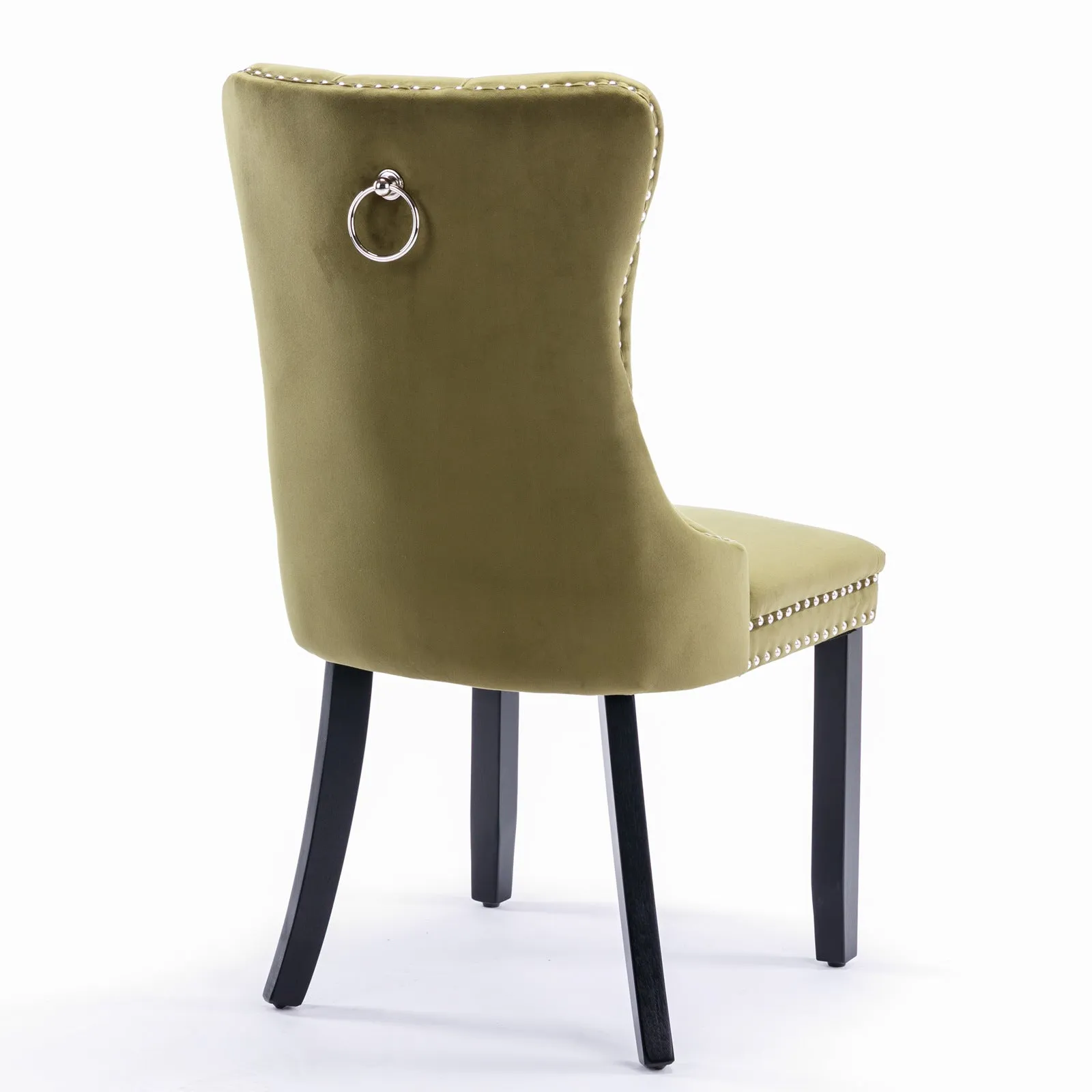 2-Pack Olive-Green Velvet Dining Chairs with Wood Legs & Nailhead Trim