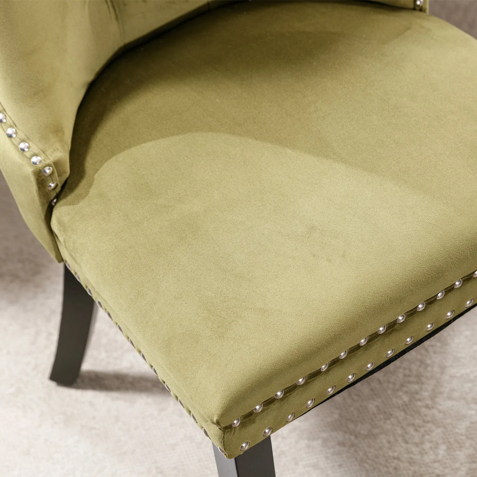 2-Pack Olive-Green Velvet Dining Chairs with Wood Legs & Nailhead Trim
