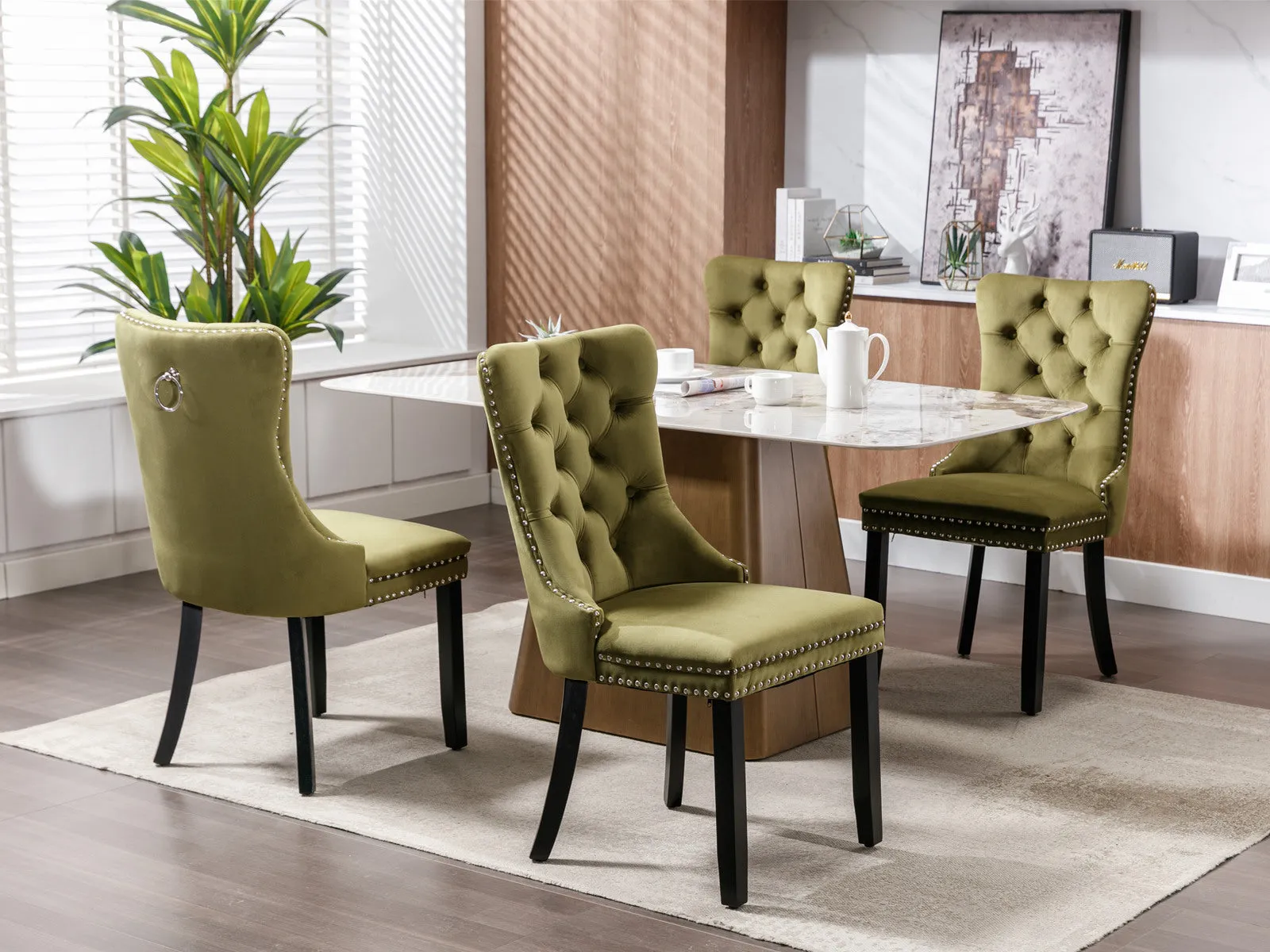 2-Pack Olive-Green Velvet Dining Chairs with Wood Legs & Nailhead Trim
