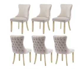 6x Velvet Upholstered Dining Chairs Tufted Wingback Side Chair with Studs Trim Solid Wood Legs for Kitchen