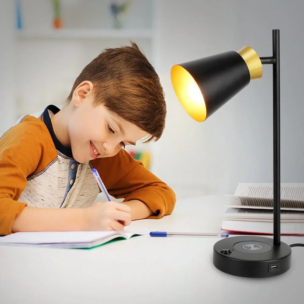 Depuley LED Desk & Table lamp with Wireless Charger and One USB Charging Port, Iron and Adjustable Design, Eye-Caring Bedside Lamp for Living Room Bedroom Reading Office Study Kids (Bulb incl)