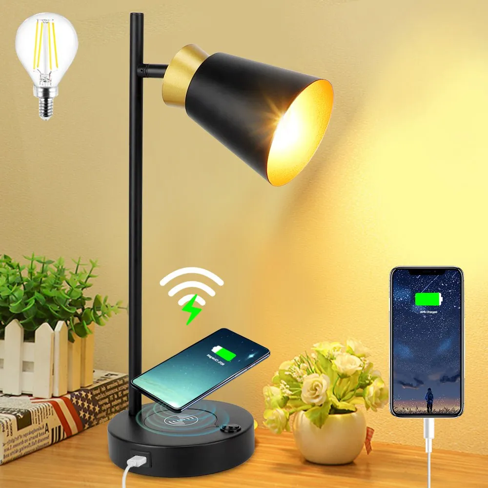 Depuley LED Desk & Table lamp with Wireless Charger and One USB Charging Port, Iron and Adjustable Design, Eye-Caring Bedside Lamp for Living Room Bedroom Reading Office Study Kids (Bulb incl)