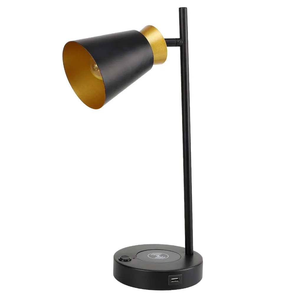 Depuley LED Desk & Table lamp with Wireless Charger and One USB Charging Port, Iron and Adjustable Design, Eye-Caring Bedside Lamp for Living Room Bedroom Reading Office Study Kids (Bulb incl)