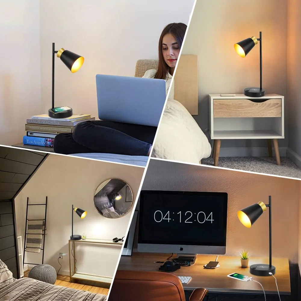 Depuley LED Desk & Table lamp with Wireless Charger and One USB Charging Port, Iron and Adjustable Design, Eye-Caring Bedside Lamp for Living Room Bedroom Reading Office Study Kids (Bulb incl)