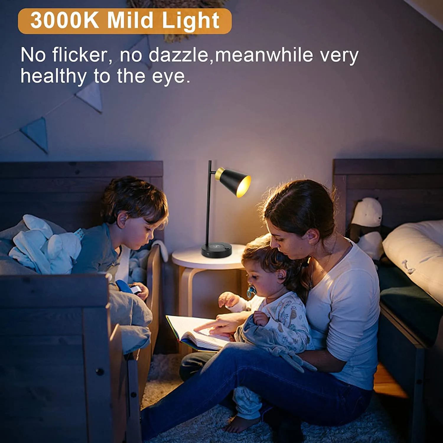 Depuley LED Desk & Table lamp with Wireless Charger and One USB Charging Port, Iron and Adjustable Design, Eye-Caring Bedside Lamp for Living Room Bedroom Reading Office Study Kids (Bulb incl)