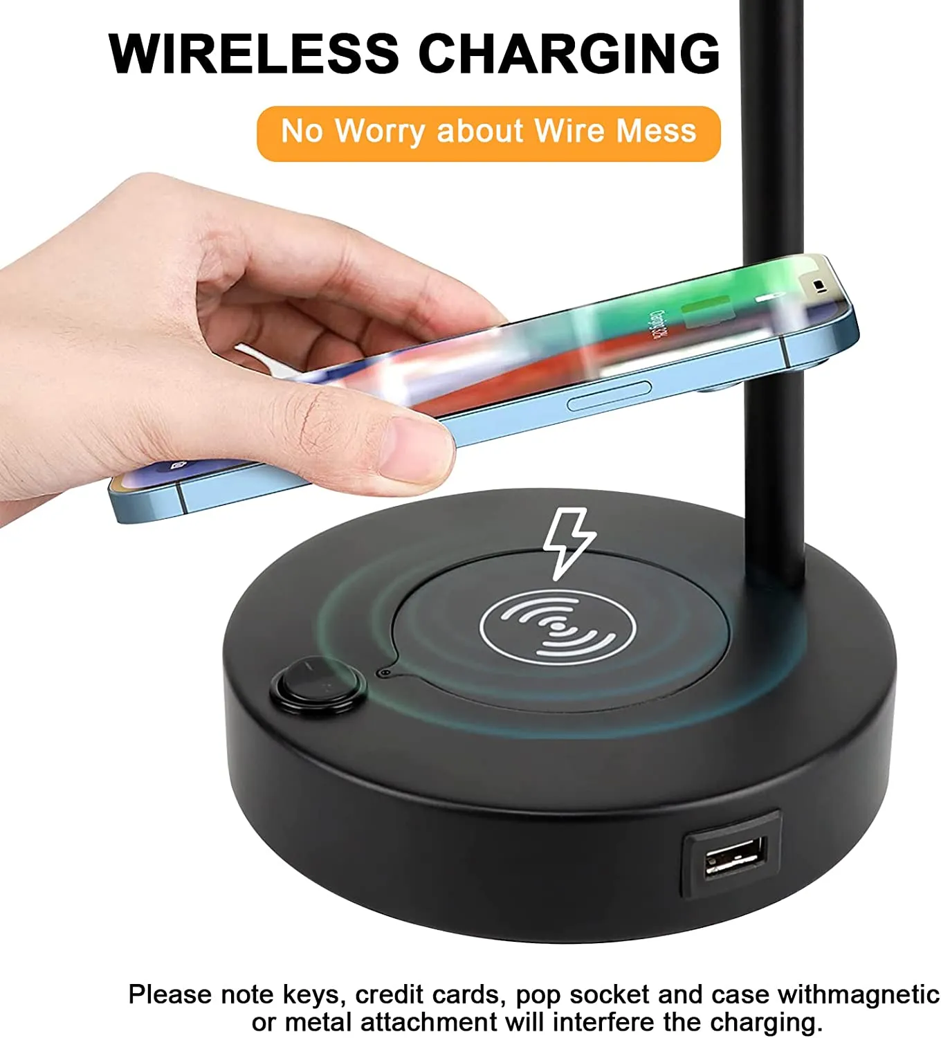 Depuley LED Desk & Table lamp with Wireless Charger and One USB Charging Port, Iron and Adjustable Design, Eye-Caring Bedside Lamp for Living Room Bedroom Reading Office Study Kids (Bulb incl)