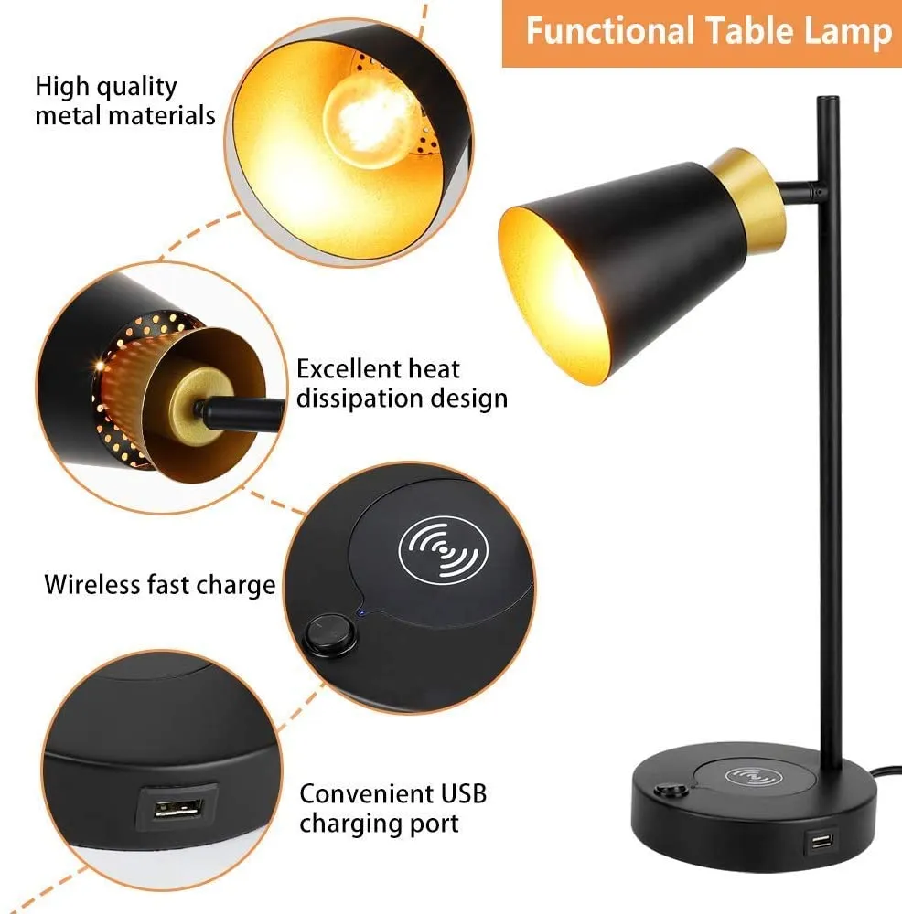 Depuley LED Desk & Table lamp with Wireless Charger and One USB Charging Port, Iron and Adjustable Design, Eye-Caring Bedside Lamp for Living Room Bedroom Reading Office Study Kids (Bulb incl)