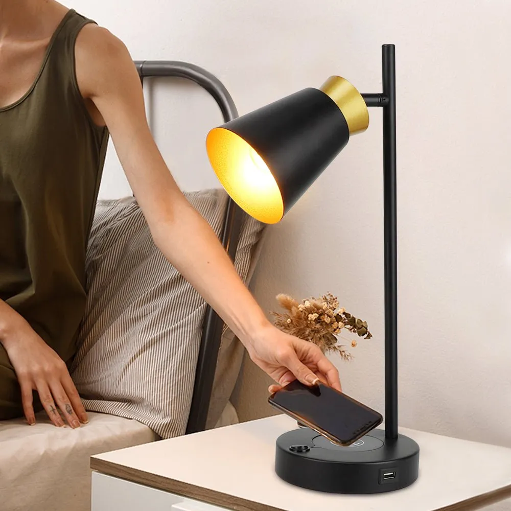 Depuley LED Desk & Table lamp with Wireless Charger and One USB Charging Port, Iron and Adjustable Design, Eye-Caring Bedside Lamp for Living Room Bedroom Reading Office Study Kids (Bulb incl)