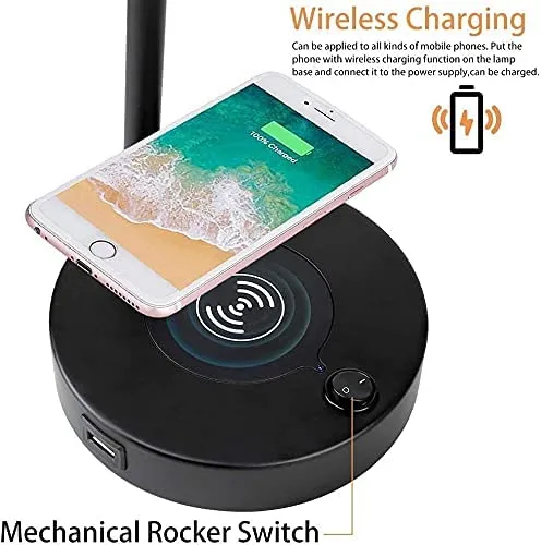 Depuley LED Desk & Table lamp with Wireless Charger and One USB Charging Port, Iron and Adjustable Design, Eye-Caring Bedside Lamp for Living Room Bedroom Reading Office Study Kids (Bulb incl)