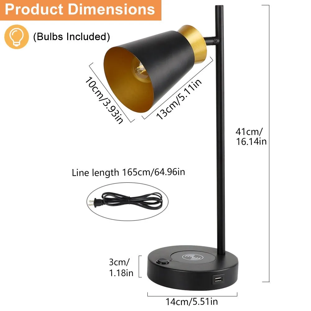 Depuley LED Desk & Table lamp with Wireless Charger and One USB Charging Port, Iron and Adjustable Design, Eye-Caring Bedside Lamp for Living Room Bedroom Reading Office Study Kids (Bulb incl)