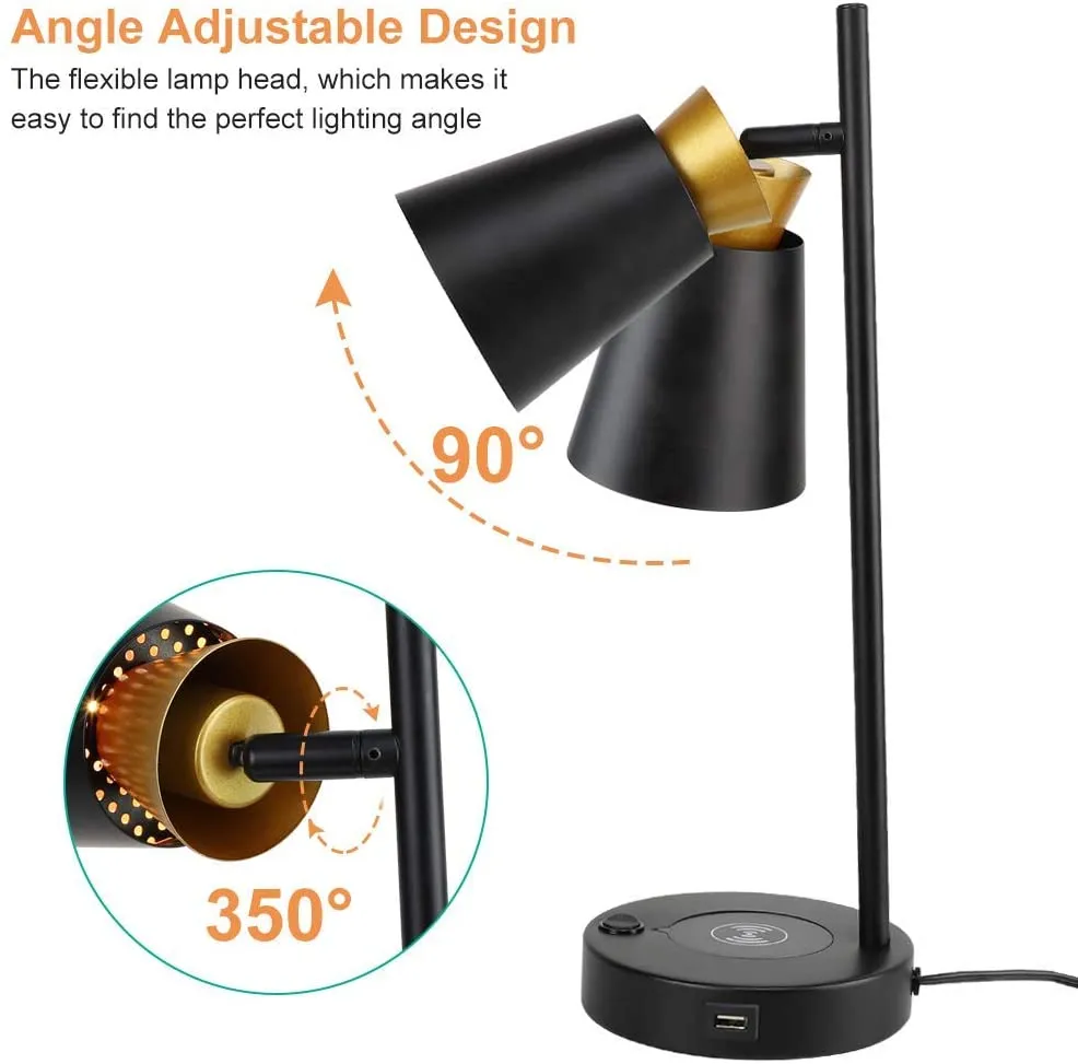 Depuley LED Desk & Table lamp with Wireless Charger and One USB Charging Port, Iron and Adjustable Design, Eye-Caring Bedside Lamp for Living Room Bedroom Reading Office Study Kids (Bulb incl)