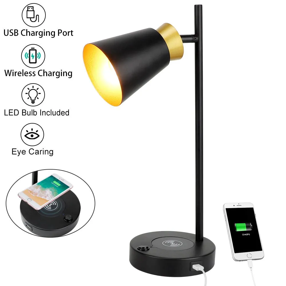 Depuley LED Desk & Table lamp with Wireless Charger and One USB Charging Port, Iron and Adjustable Design, Eye-Caring Bedside Lamp for Living Room Bedroom Reading Office Study Kids (Bulb incl)