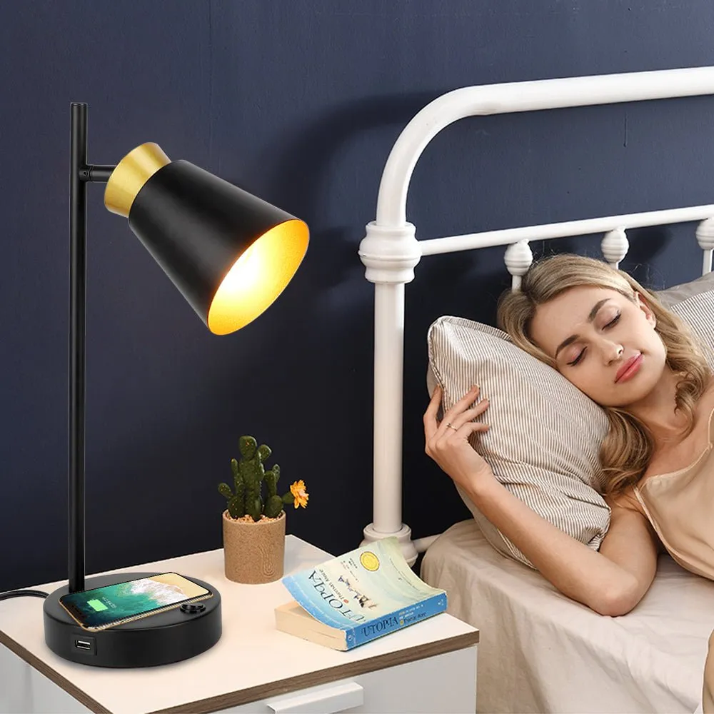 Depuley LED Desk & Table lamp with Wireless Charger and One USB Charging Port, Iron and Adjustable Design, Eye-Caring Bedside Lamp for Living Room Bedroom Reading Office Study Kids (Bulb incl)