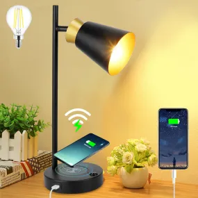 Depuley LED Desk & Table lamp with Wireless Charger and One USB Charging Port, Iron and Adjustable Design, Eye-Caring Bedside Lamp for Living Room Bedroom Reading Office Study Kids (Bulb incl)