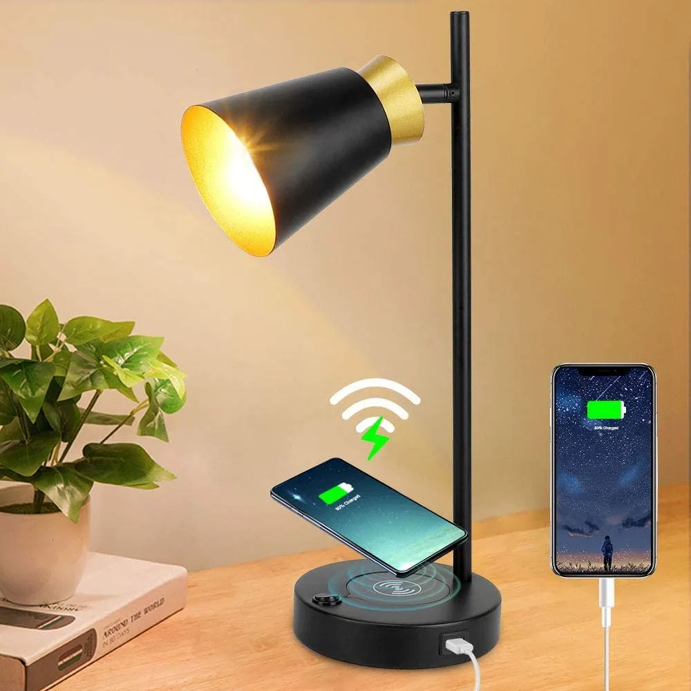 Depuley LED Desk & Table lamp with Wireless Charger and One USB Charging Port, Iron and Adjustable Design, Eye-Caring Bedside Lamp for Living Room Bedroom Reading Office Study Kids (Bulb incl)