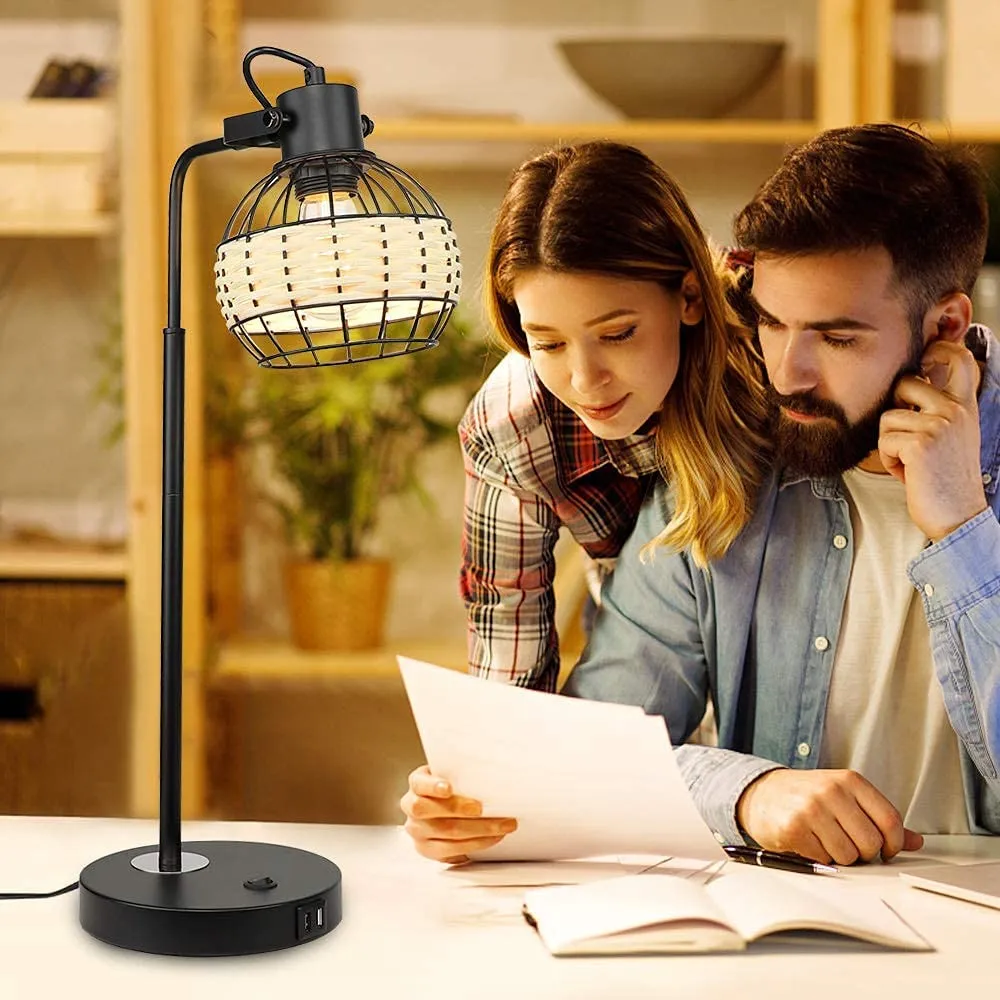 DLLT Industrial Black Table Lamp, 2 USB Ports Adjustable Head Desk Lamp, Modern Metal Nightstand Lamp with Rattan Shade, USB Bedside Lamps