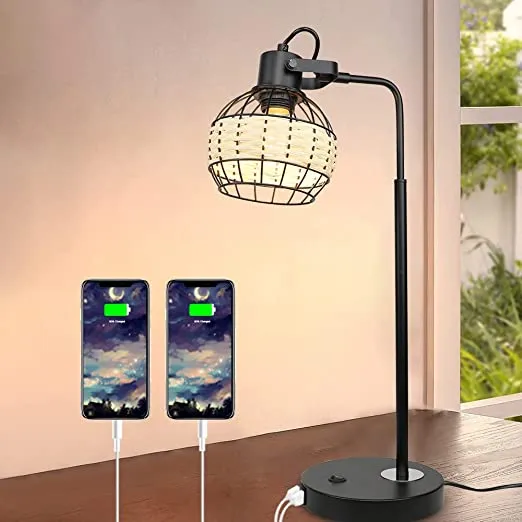 DLLT Industrial Black Table Lamp, 2 USB Ports Adjustable Head Desk Lamp, Modern Metal Nightstand Lamp with Rattan Shade, USB Bedside Lamps