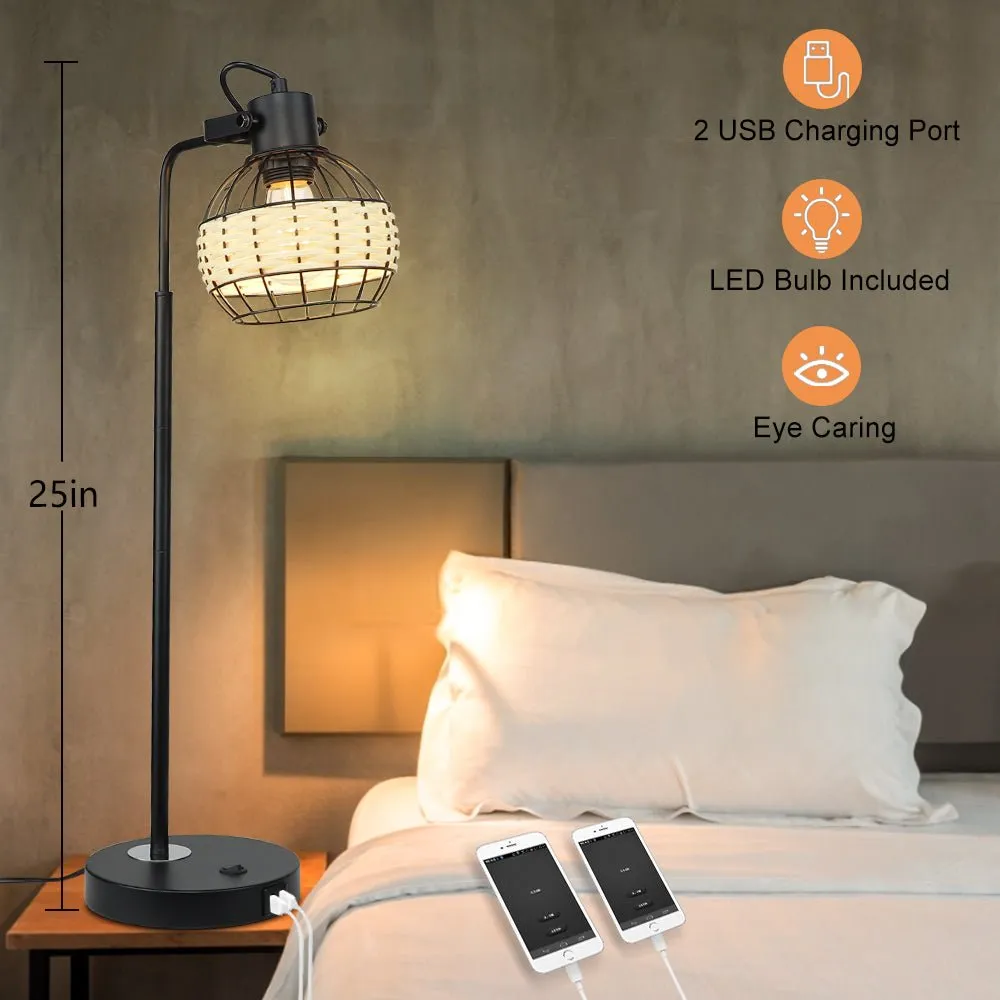 DLLT Industrial Black Table Lamp, 2 USB Ports Adjustable Head Desk Lamp, Modern Metal Nightstand Lamp with Rattan Shade, USB Bedside Lamps