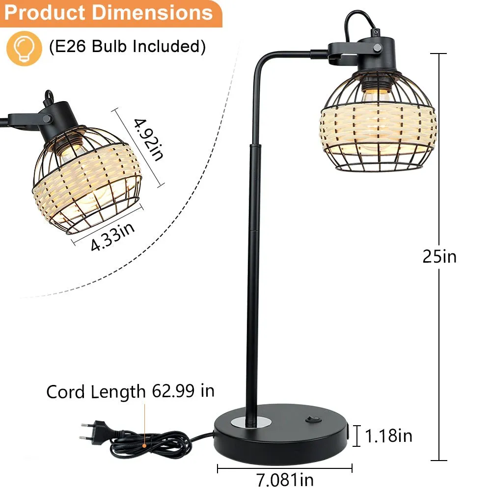 DLLT Industrial Black Table Lamp, 2 USB Ports Adjustable Head Desk Lamp, Modern Metal Nightstand Lamp with Rattan Shade, USB Bedside Lamps