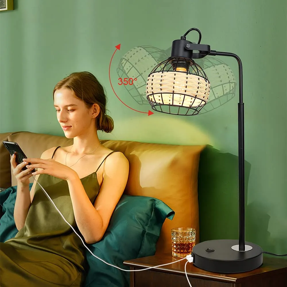DLLT Industrial Black Table Lamp, 2 USB Ports Adjustable Head Desk Lamp, Modern Metal Nightstand Lamp with Rattan Shade, USB Bedside Lamps