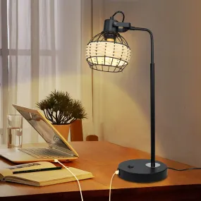 DLLT Industrial Black Table Lamp, 2 USB Ports Adjustable Head Desk Lamp, Modern Metal Nightstand Lamp with Rattan Shade, USB Bedside Lamps