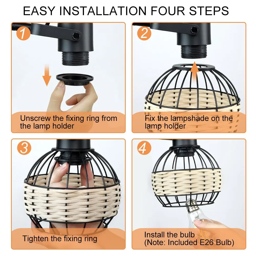 DLLT Industrial Black Table Lamp, 2 USB Ports Adjustable Head Desk Lamp, Modern Metal Nightstand Lamp with Rattan Shade, USB Bedside Lamps