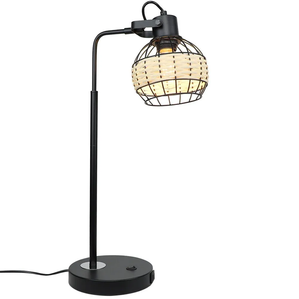 DLLT Industrial Black Table Lamp, 2 USB Ports Adjustable Head Desk Lamp, Modern Metal Nightstand Lamp with Rattan Shade, USB Bedside Lamps