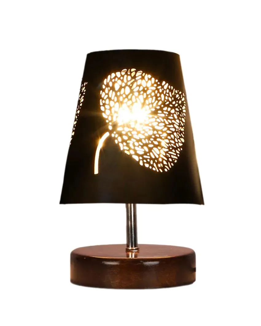 Leaf Metal Etching Table Lamp With Brown Wood Round Base | 6 x 8 inches