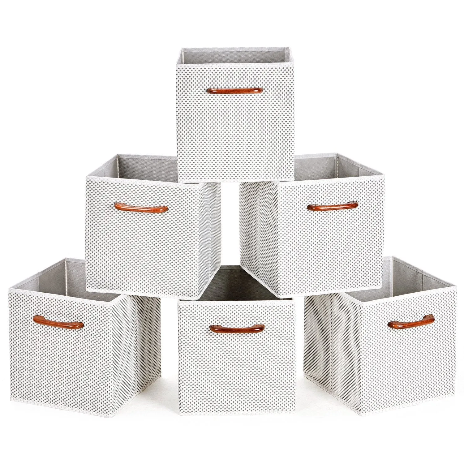 MaidMAX Cloth Storage Bins Cubes Baskets Containers with Wooden Handle for Home Closet Bedroom Drawers Organizers, Foldable, Gray Chevron, Set of 6